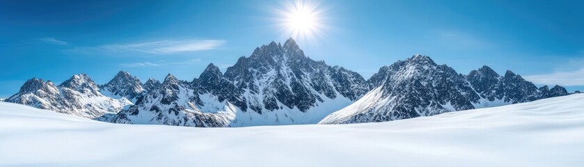 Winter landscape with clear, cold air, sharp mountain peaks in the distance, snow glistening under the bright sun, minimal cloud cover