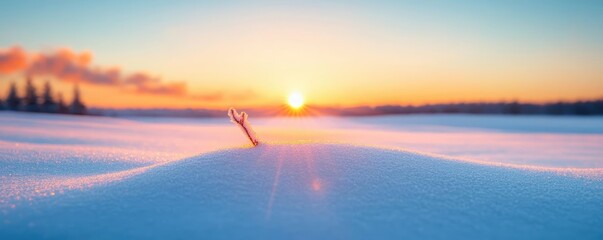 A clear winter sunset with crisp air, snow-covered fields stretching into the horizon, the sky ablaze with warm colors contrasting the cold landscape