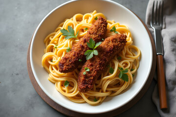 pasta linguine with fried chicken liver,top view