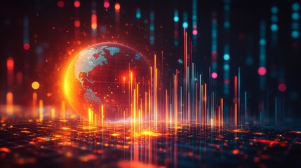 Fototapeta premium A glowing digital globe surrounded by dynamic data lines and points representing global connectivity and technology trends, ideal for illustrating concepts of big data, cybersecurity
