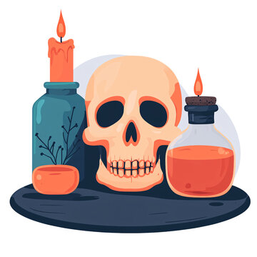recommend clip art: Halloween clipart candlelit table skull potions flickering shadows haunted cartoon style transparent background eerie spooky details