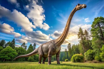 Obraz premium A towering sauropod dinosaur, with a long neck and tail, stands majestically in a lush field surrounded by towering trees.