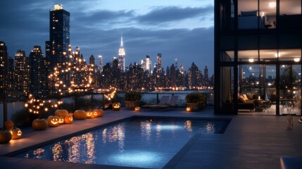 Naklejka premium A spooky Halloween-themed hotel rooftop party pumpkins glowing around the pool