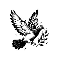 Flying Pigeon Bird Black Ink Drawing with Spread Wings and Branch Vector. Engraved Dove with Feathers on White Background
