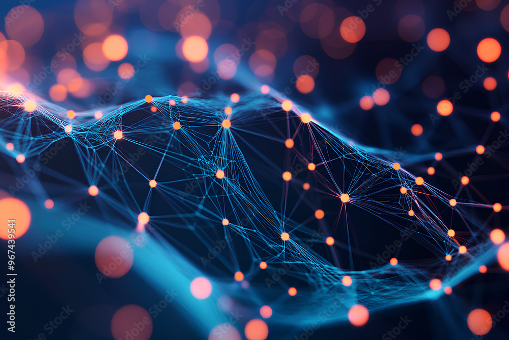 Poster abstract representation of interconnected nodes and lines, symbolizing data networks or technology.