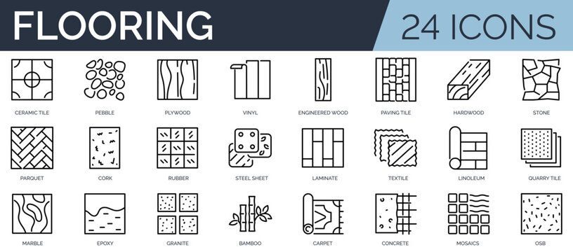 Set of 24 outline icons related to flooring. Linear icon collection. Editable stroke. Vector illustration