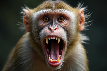 Obraz premium A wild monkey feeling threaten, bares teeth and sharp fangs, looking ferocious and fierce. Concept of infected animals as disease carrier, host to virus like Monkeypox poxvirus, threatening humans.