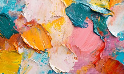 Fototapeta premium Closeup of abstract rough colorful multicolored art painting texture, with oil brushstroke, pallet knife paint on canvas 