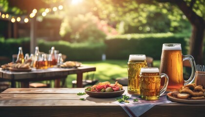 Oktoberfest Beer Garden Setting with Faded Background - cozy scene with a small, charming table setup featuring beer steins, simple snacks, and rustic tableware. Graphic art illustration
