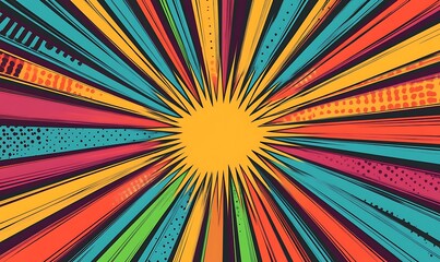 Dynamic  starburst patterns with radiating lines and vibrant colors, creating a sense of energy and movement