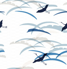 Japanese background with crane birds or herons and leaf element vector. Wave pattern and leaf in vinatge style.