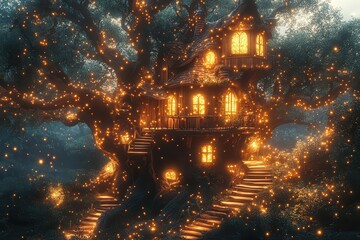 Naklejka premium whimsical treehouse nestled in ancient gnarled tree magical forest setting with bioluminescent plants and fireflies create enchanted atmosphere in twilight scene