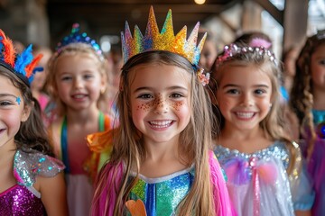 Fototapeta premium A group of young girls, dressed in colorful and sparkling princess costumes with crowns, smile joyfully together, creating a heartwarming and joyous scene.