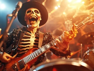 Obraz premium Haunted Rock Concert: Spooky Halloween Celebration with Ghostly Band, Eerie Instruments, and Haunted Crowds