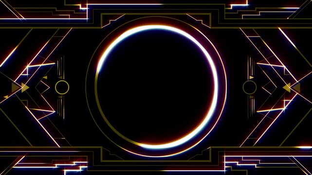 アールデコスタイルのフレームアニメーション 縁取られた円を中心に配置されたモダンで近未来的な輝く装飾　黒背景