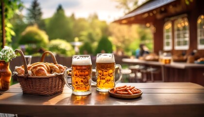 Oktoberfest Table Setting with Blurred Beer Garden - cozy tabletop scene featuring a simple but elegant setup with beer steins, a small pretzel basket. Graphic art illustration wallpaper