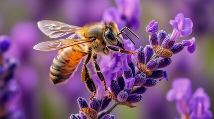 Honeybee and lavender macro photo backlight bokeh blurred leaves with nature gardening environmental