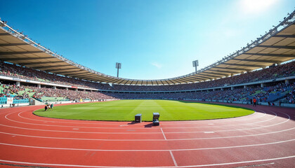 Obraz premium A front view of an athletics stadium showcasing a racetrack with starting blocks lined up