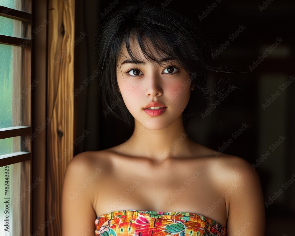 Wall mural closeup of an asian girl in a colorful strapless top, traditional japanese house backdrop, minimalis