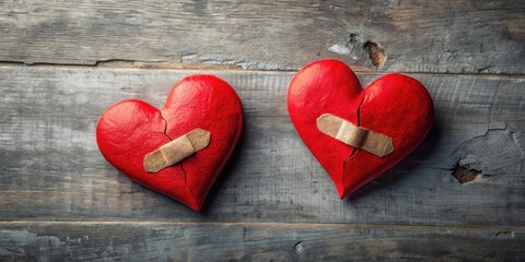 Broken red hearts with plaster symbolizing emotional healing and recovery , injury, healing heart, wound, patches