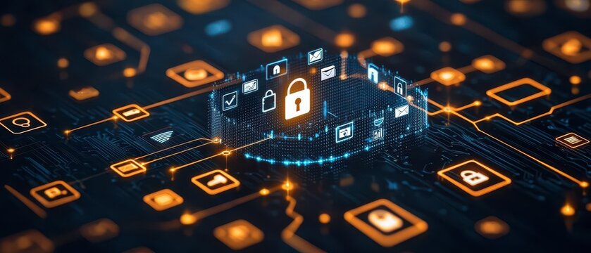 Digital screen showing a company surrounded by a moat of security icons, illustrating data protection, business moat