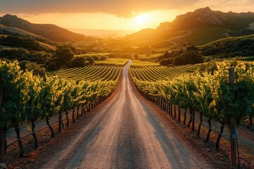 Fototapeta premium winding road through picturesque vineyard with rows of lush grapevines golden hour light casting long shadows perfect for wine tourism concepts