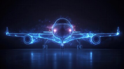 wireframe 3d model of sleek modern airplane glowing blue lines define aerodynamic form against dark background futuristic aesthetic with technical precision