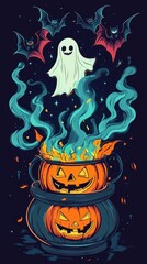A playful Halloween illustration showcases grinning pumpkins, a floating ghost, and swirling potion smoke with bats overhead