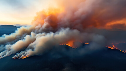 Fototapeta premium Large-scale forest fire with significant smoke billowing into the sky and visible flames spreading across the forested landscape.