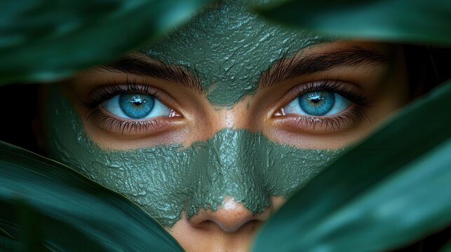 womans piercing blue eyes peeking through tropical leaves face covered in natural green mud mask