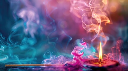Fototapeta premium Colorful smoke from burning incense sticks on abstract background