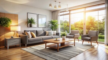 Fototapeta premium Modern room with a variety of furniture and bright natural light pouring in from the window, modern, room, furniture