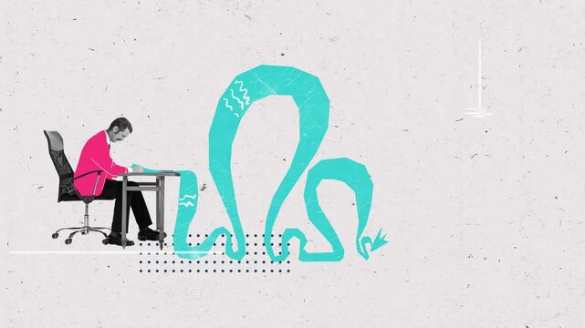Stop motion. Creative animation. Man sitting at desk and writing plan cash spending plan for short period of time. Concept of business and finance, financial planning, financial literacy, investments