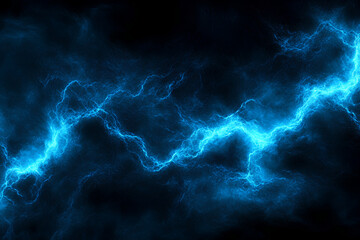 Electric blue lightning bolts against a dark background, creating a dramatic visual effect.