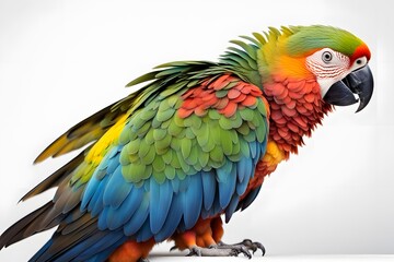 Obraz premium A colorful parrot with vibrant feathers perched on a white background, Ai Generated