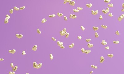 Golden shiny hearts flying on a purple background. 3d rendering     
