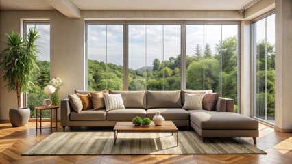 Living room with a large couch and a large window , cozy, home, interior, design, comfortable, stylish, modern