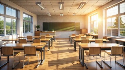Sunlight-infused modern classroom with wooden desks and chalkboard, education, school, interior, classroom