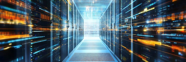 A long hallway with many computer monitors and lights.