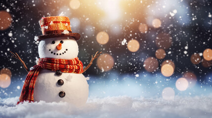 A cheerful snowman with a hat stands against a blurred winter landscape. With a carrot nose and coal eyes, it exudes festive joy, capturing the essence of holiday spirit and winter wonder.