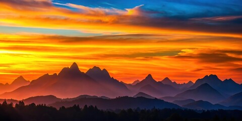 Fototapeta premium Silhouettes of majestic mountains against a vibrant sunset backdrop, mountains, silhouettes, sunset, nature, landscape, majestic