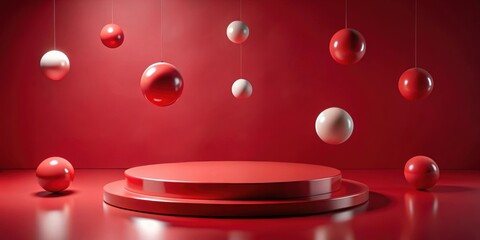 podium with red base and floating balls elements, , podium, red, base, floating, balls, elements, design, modern
