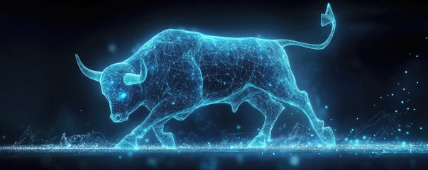 A stunning holographic bull representation glowing with blue light, symbolizing strength and determination in a digital environment.