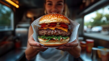 Delicious Burger Exchange at a Food Truck: A Close-up of Hands Passing a Tasty Meal to a Woman, Capturing the Joy of Street Food and Unsplash Aesthetics
