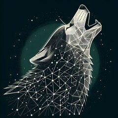 Naklejka premium An abstract illustration of a wolf howling, designed with geometric shapes and lines, featuring a network of points on a dark green background.