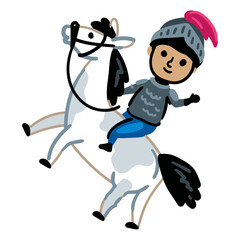 Young Magic Prince Knight Boy riding a horse with lance. Bright color vector illustration Character In Armor isolated on a white background