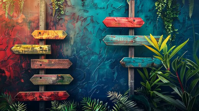 Creative guideposts in vibrant colors showcase direction and inspiration in a lush setting