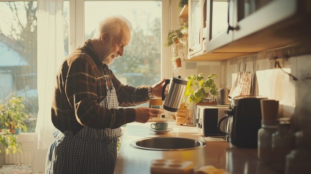 An elderly man brews coffee in a sunlit kitchen while preparing to enjoy a quiet morning in his cozy home - Powered by Adobe
