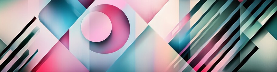 Obraz premium Vibrant abstract design with layered geometric shapes, gradients, and lines in pastel pink, blue, purple, and cream. Features a central pink sphere