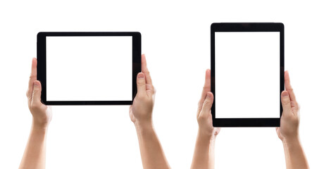 Hand holding digital tablet with blank screen isolated on white background.